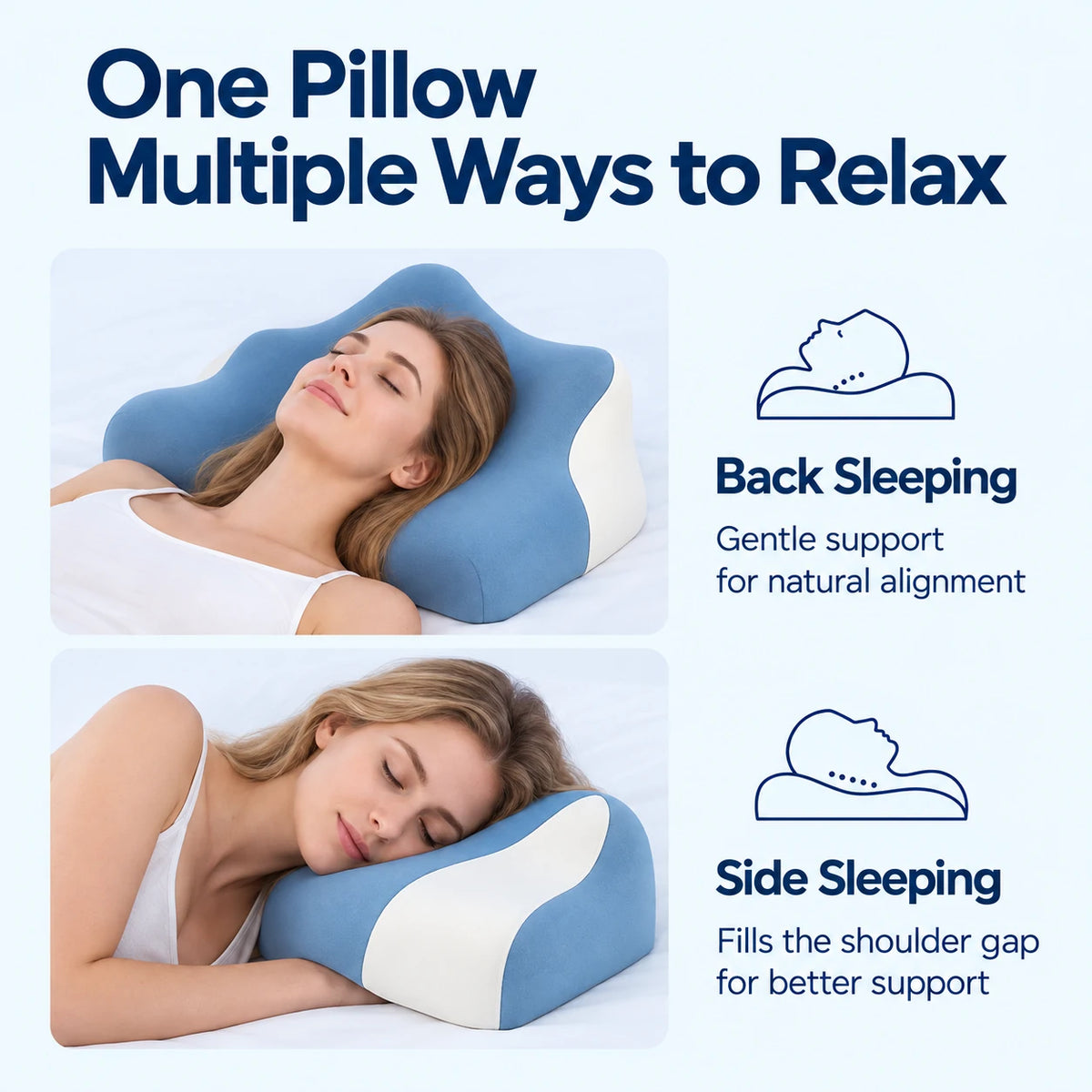Back sleeping and side sleeping positions on the contour pillow