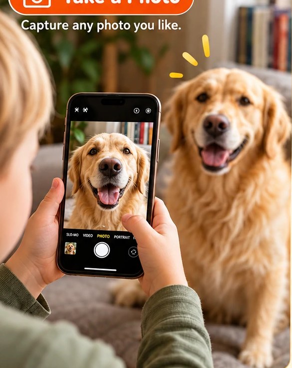 A child photographing the family dog in the app to turn it into line art