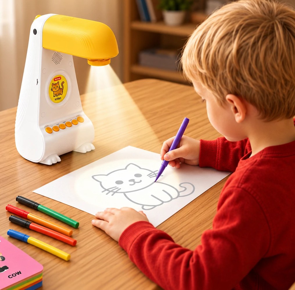 A child tracing a projected cat outline, with the four drawing steps beside it