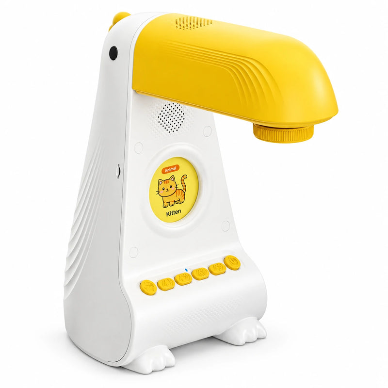 Kids drawing projector in yellow and white, side view