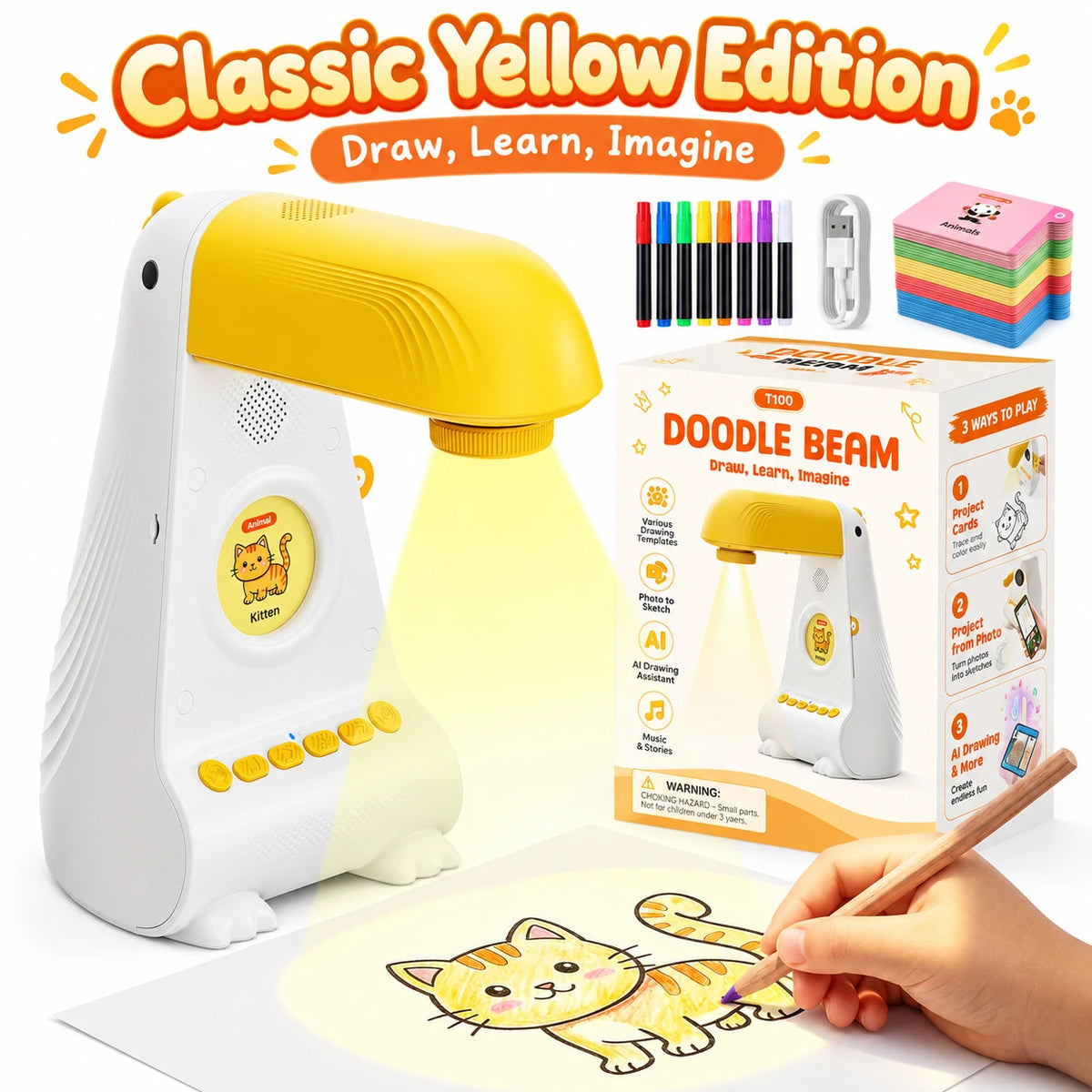 Drawing projector set with box, 200 picture cards, 8 color pens and charging cable