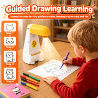 Child tracing a projected cat outline, shown in four guided steps