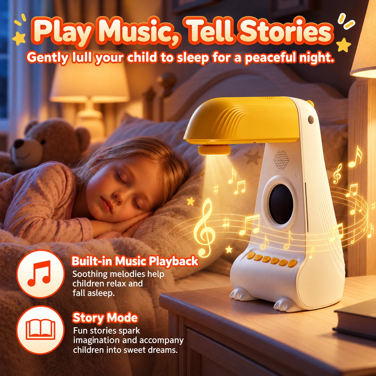 Projector playing music and stories on a bedside table