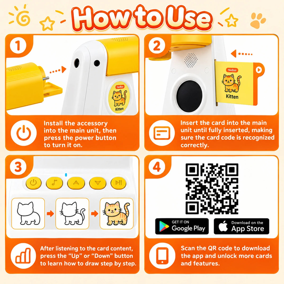 How to use: fit the head, insert a card, follow the steps, scan the QR code for the app