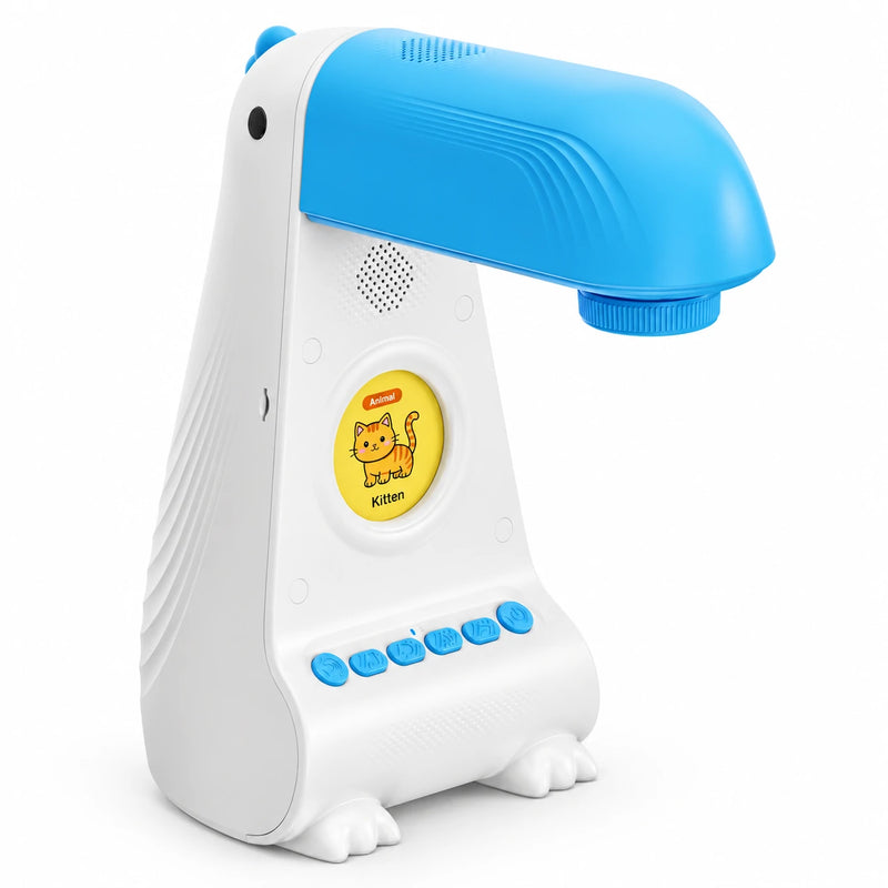 Kids drawing projector in blue and white, side view