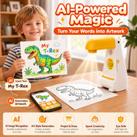 Child holding a colored dinosaur drawing traced from the projected line art