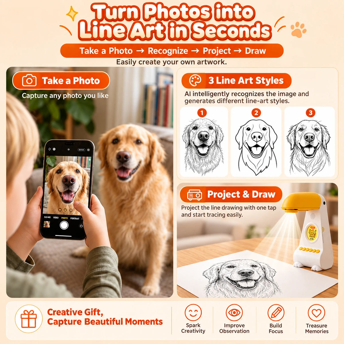 Photo of a dog turned into three line-art styles for tracing