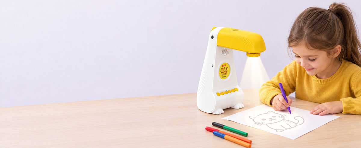 A girl tracing a projected cat outline onto paper beside the yellow Kids' Smart Drawing Projector